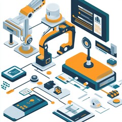 Isometric Robotic Automation System Digital Illustration Modern Technology art teal blue smart lines