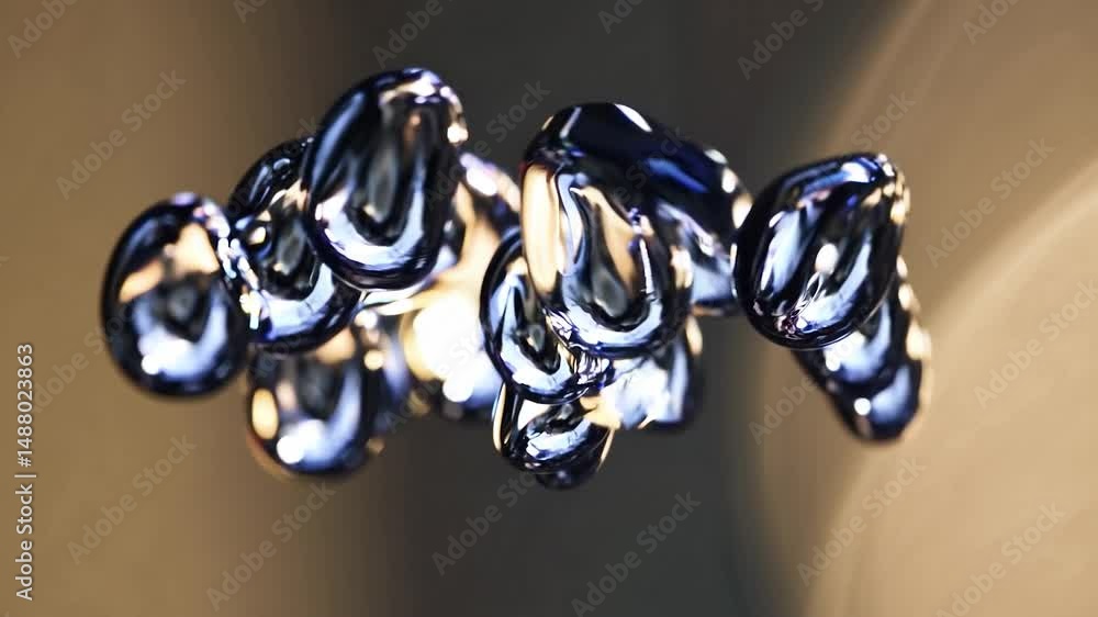 Poster metallic liquid drops dynamically morphing, changing shape and reflecting light on neutral backgroun