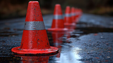 Traffic cones lined up on wet road, reflecting light, creating striking visual. scene conveys sense of caution and safety