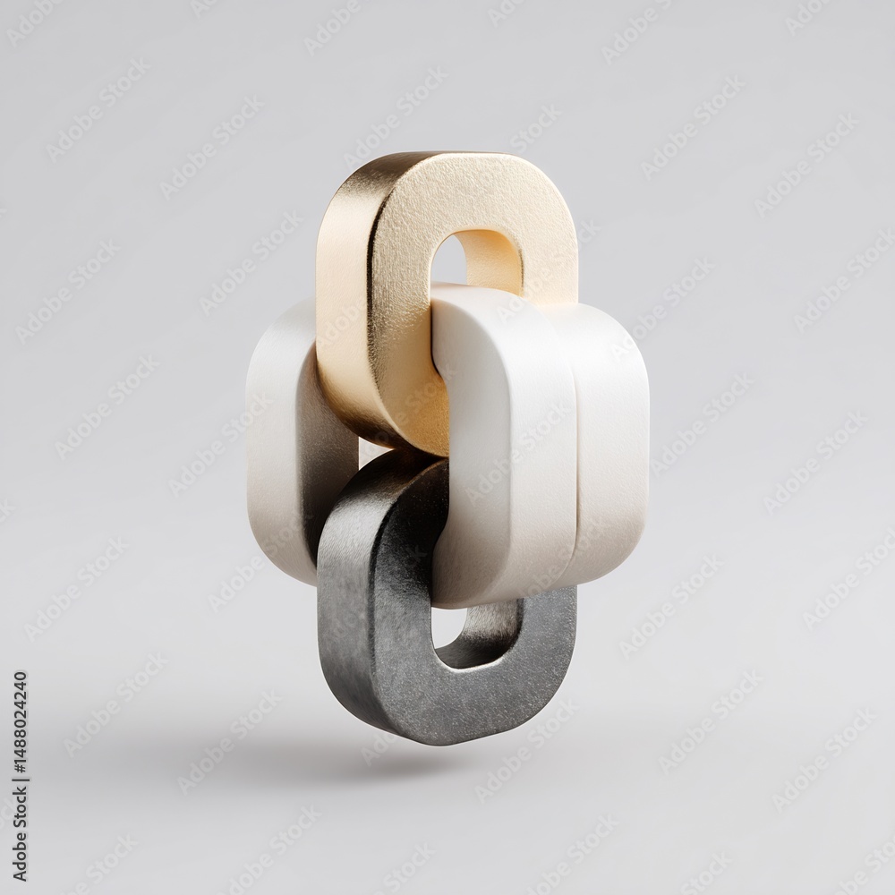 Poster interconnected metallic links forming a central structure on neutral backdrop