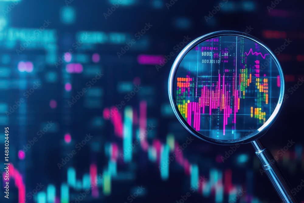 Poster close up of a magnifying glass focusing on a detailed chart illustrating data trends and analysis wi