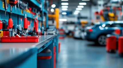 Busy Car Service Shop Filled with Various Vehicles in the Background Highlighting Automotive Repairs and Maintenance in a Dynamic Working Environment