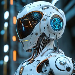 Futuristic Robot Head Digital Art White Blue SciFi Cyborg Android AI Technology 3d shiny model clean
