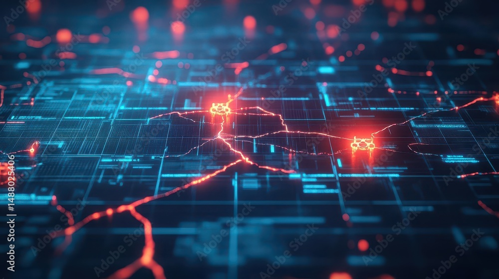 Poster intricate circuit design featuring vibrant red and blue lights illuminating the electronic pathways 