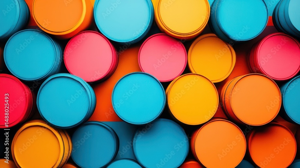 Poster vibrant array of colorful paint cans stacked harmoniously creating an artistic display that evokes c