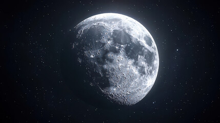 Fototapeta premium Stunning view of moon illuminated against starry night sky, showcasing its craters and surface details, evoking sense of wonder and tranquility