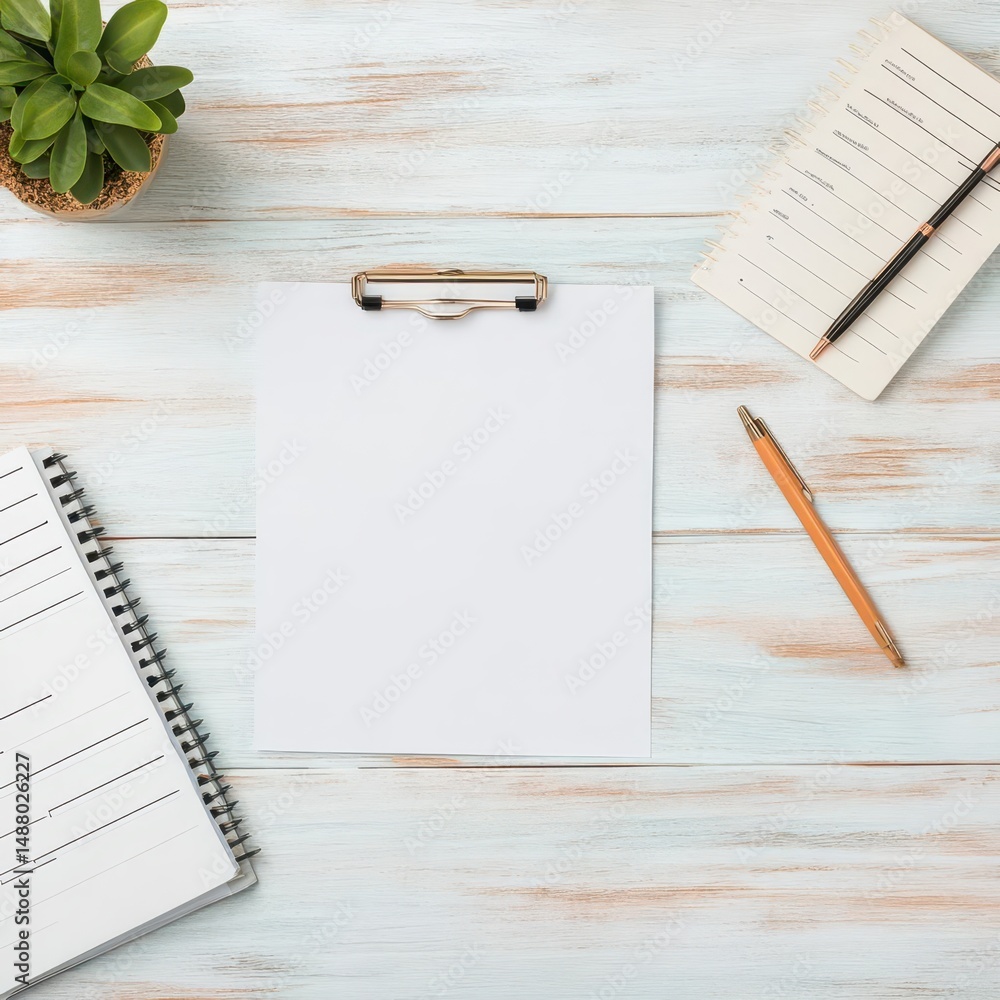 Poster a cozy workspace setup featuring a notepad pen and notebook on a rustic wooden table evoking creativ