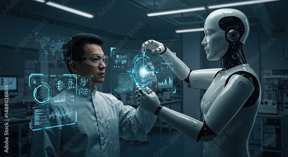 Poster asian scientist collaborates with humanoid robot on futuristic interface