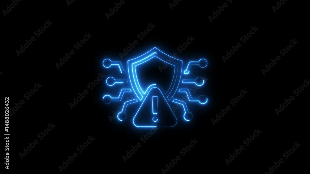Poster glowing digital shield and warning alert with circuitry symbolizing cybersecurity breach