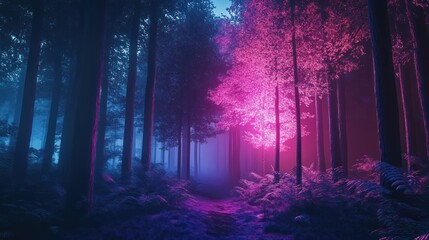 Fototapeta premium Enchanted twilight forest bathed in blue and magenta light creates mysterious vibe