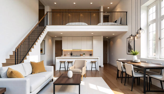 A duplex room in wooden interior with two levels bedroom upstair and living room and kitchen downstair.