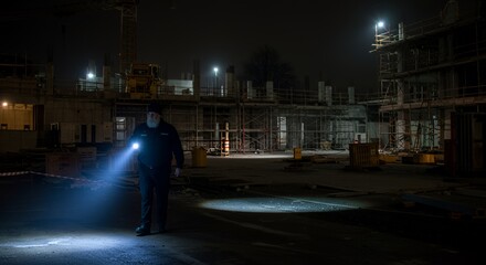 Night Construction Site Security Guard with Flashlight