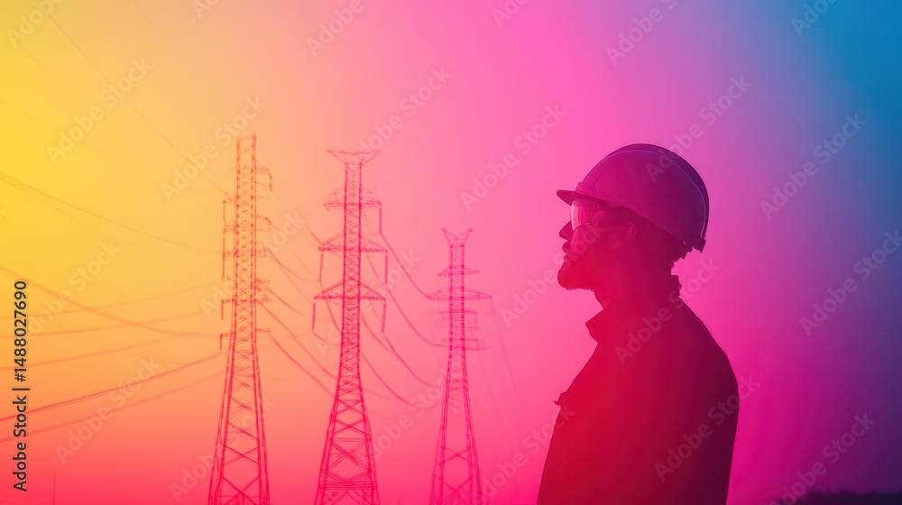 Poster man in hard hat overseeing expansive array of electricity towers against a backdrop of clear blue sk