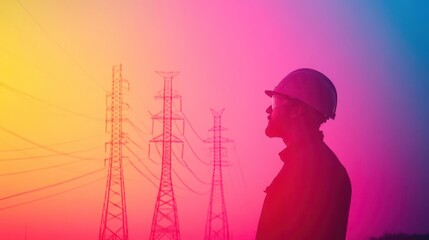 Man in Hard Hat Overseeing Expansive Array of Electricity Towers Against a Backdrop of Clear Blue Sky Emphasizing the Importance of Energy Infrastructure