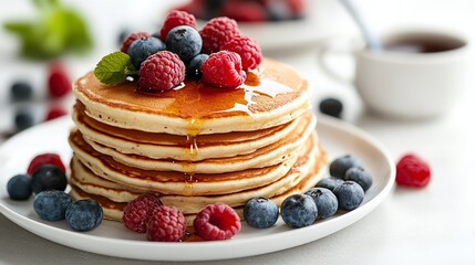 Stack of pancakes with sweet maple syrup or honey