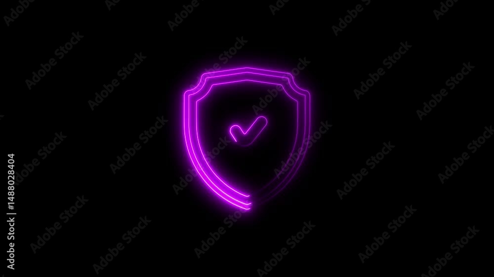 Poster animated neon shield icon with checkmark symbolizing protection and security assurance