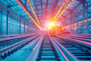 Obraz premium A Powerful Locomotive Emerging from a Dark Tunnel Surrounded by Rocky Terrain Underneath a Clear Blue Sky Evoking a Sense of Journey and Adventure