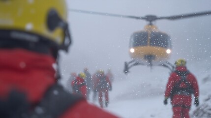 Mountain rescue operation in heavy snowstorm with helicopter landing. Emergency rescue team in winter weather condition. Alpine safety and professional rescue service concept