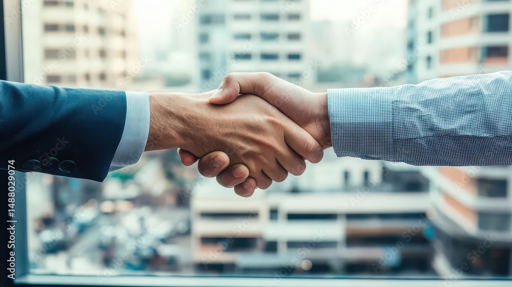 Poster Two Men Engaged in a Firm Handshake Symbolizing Partnership and Trust in a Professional Setting with Natural Light Streaming Through a Window