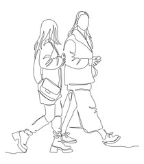 2 women talking and walking. Side view. Continuous line drawing. Black and white vector illustration in line art style.