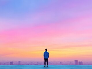 Fototapeta premium Man Standing on Rooftop Gazing at Vibrant Sunset Over Cityscape with Warm Hues Casting Shadows Creating an Inspiring and Reflective Atmosphere