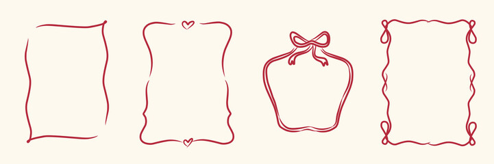 Doodle hand drawn frames with hearts set, wavy lines, bows and ribbons. Coquette retro. Trendy vintage whimsical borders for wedding invitations, birthday card, and prints. Vector modern illustration.