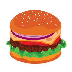 Burger filled with cheese tomato onion salad cutlet isolated on white background. Vector illustration.