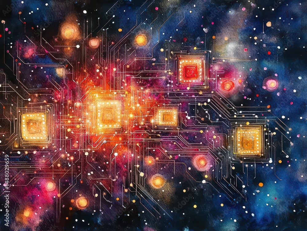 Poster vibrant computer circuit board illuminated by multicolored lights representing complex technology in