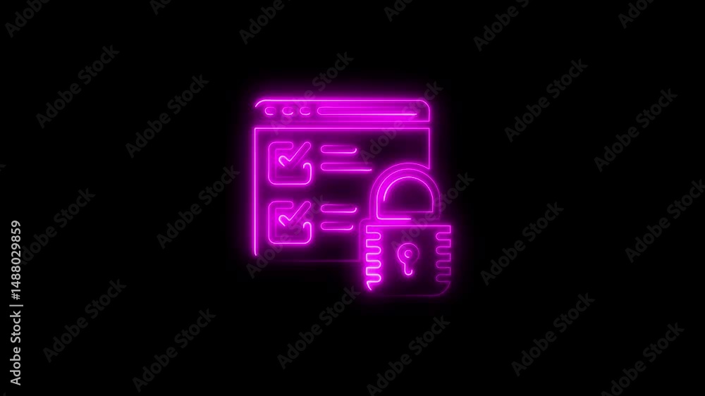 Poster neon glow animation of secure checklist protected by a digital padlock