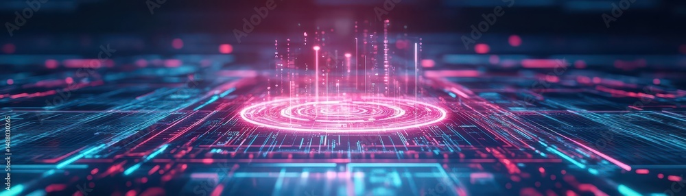 Poster futuristic circuit board illuminated by vibrant red light showcasing intricate patterns and advanced