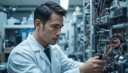 Laboratory technician conducting equipment maintenance research facility professional setting industrial environment close-up view