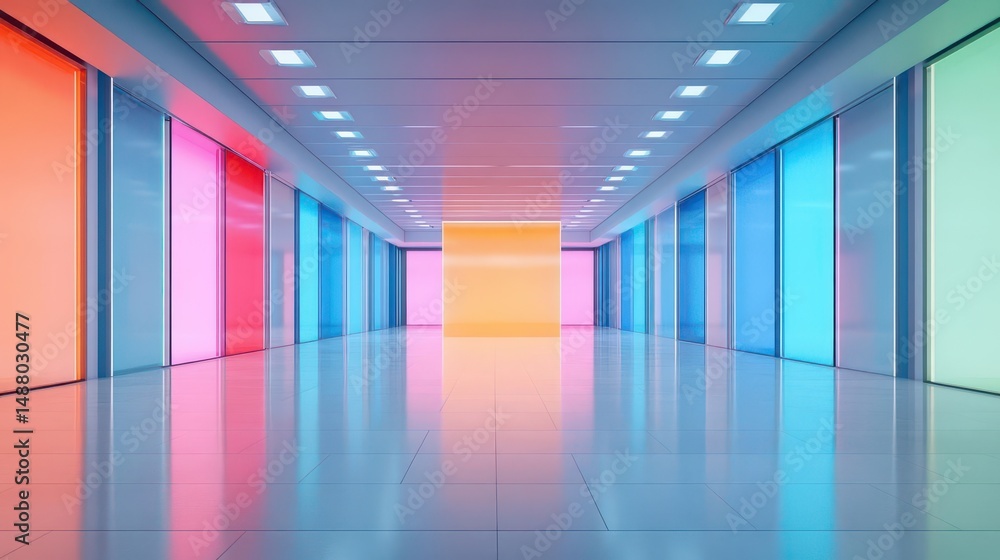 Poster vibrant long corridor adorned with colorful walls and unique artistic floor design creating an invit