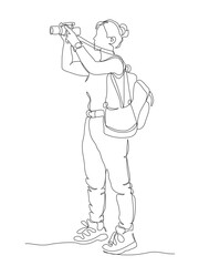 Woman photographer with photo camera and backpack taking picture. Continuous line drawing. Black and white vector illustration in line art style.