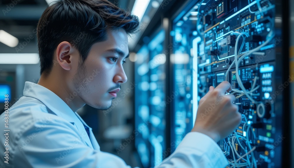 Poster technician working on data server equipment in high-tech facility close-up view technology innovatio