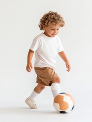 Child playing soccer with a ball and smiling on white background