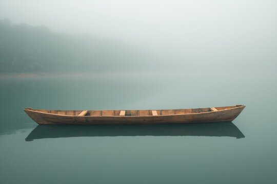 Wooden canoe floating on misty lake with reflection in calm water at foggy morning. Minimal tranquil nature scene. Peaceful outdoor recreation concept. Travel and adventure