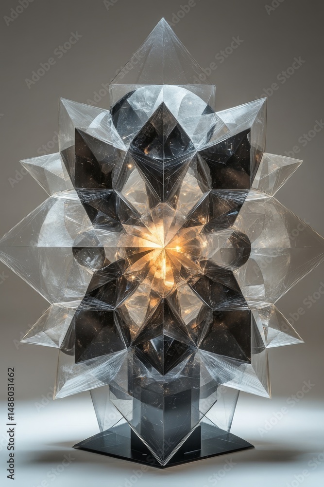 Poster abstract crystalline structure with interior illumination: a complex arrangement of geometrical shap