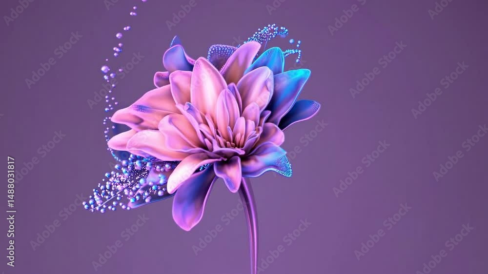 Aufkleber colorful splashes are enveloping and rotating around a pink and blue flower on a purple background, 
