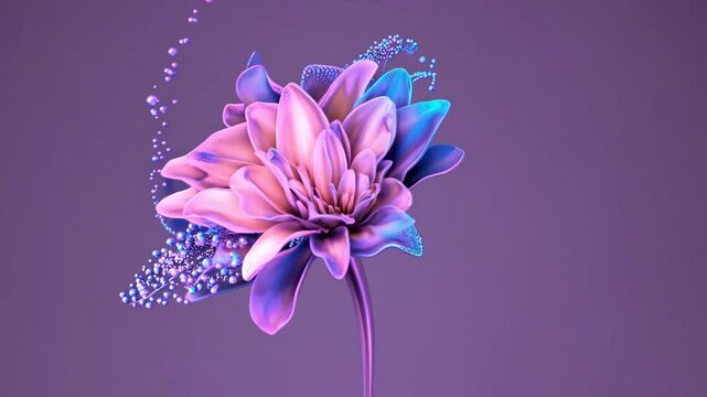 Colorful splashes are enveloping and rotating around a pink and blue flower on a purple background, creating a visually appealing abstract animation