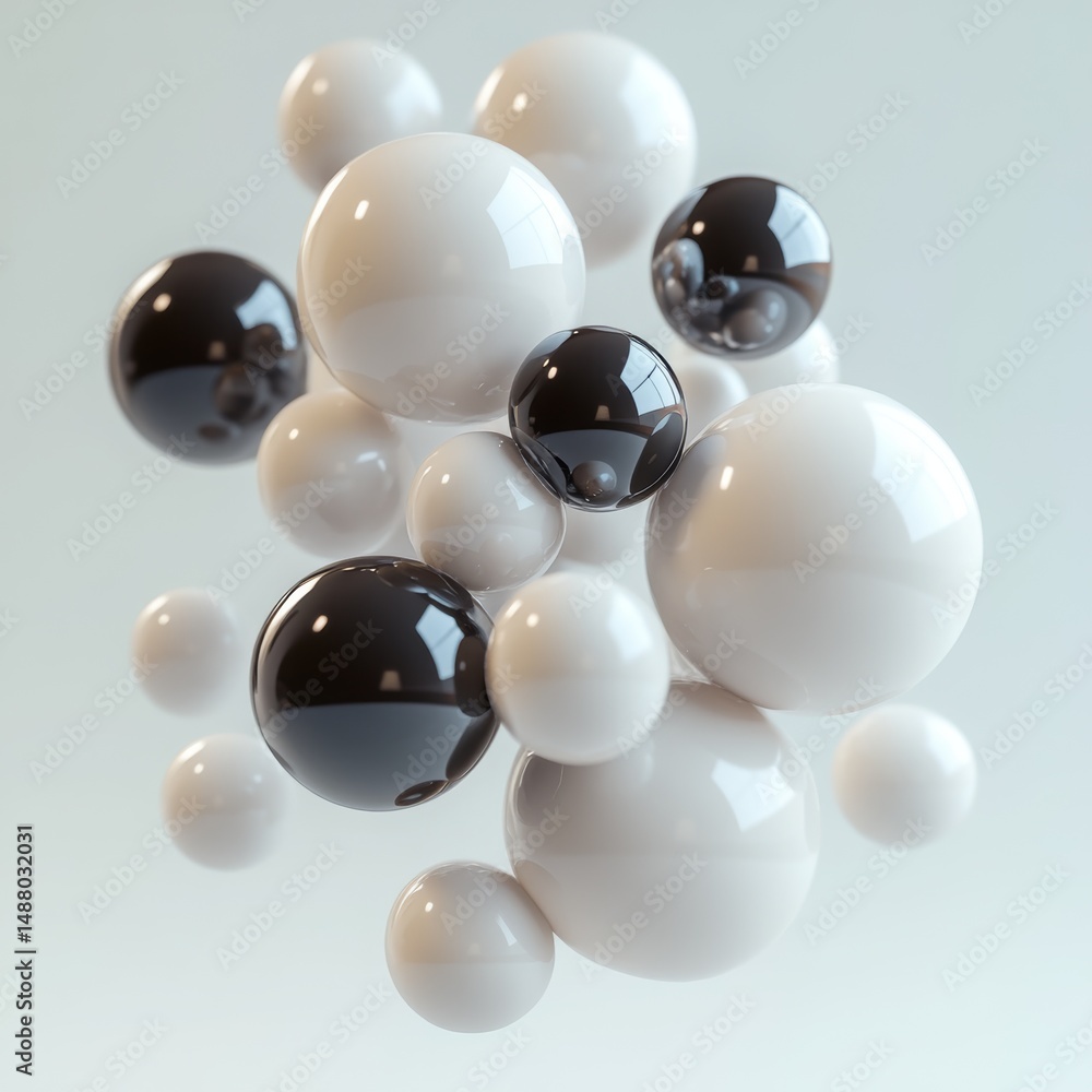 Poster captivating sphere composition: a dynamic arrangement of white and black glossy orbs in abstract geo