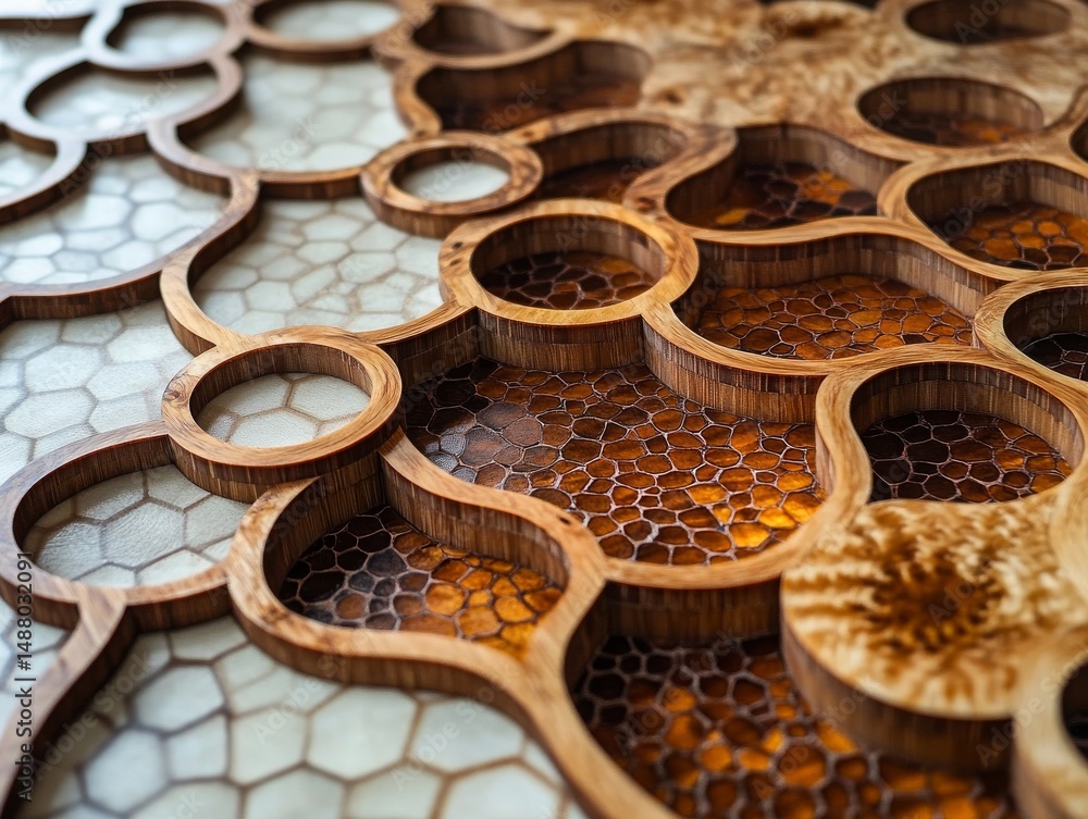 Poster elegant wooden lattice with honeycomb pattern: a detailed close-up of interlocking circles and intri
