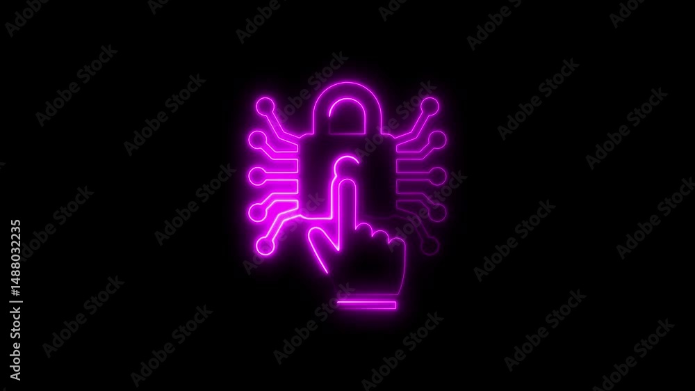 Poster glowing neon cyber security lock with a finger touch pointing to secure system