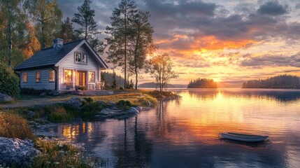 Idyllic Lakeside Cabin Retreat at Sunset with Reflective Waterscapes Serenity
