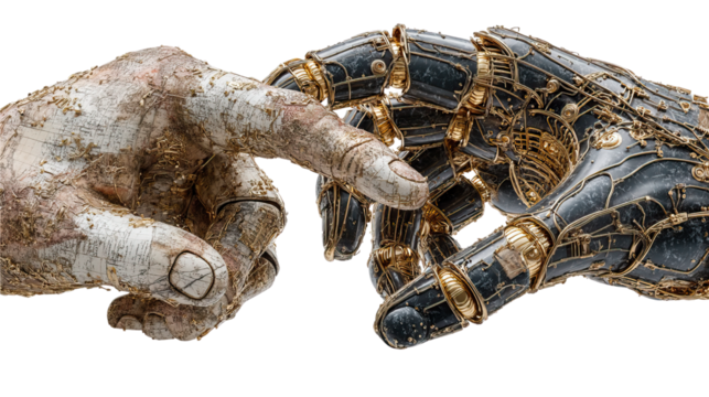 Human Touch, Cybernetic Connection: A poignant composition contrasting a human hand with a sleek, metallic robotic counterpart.