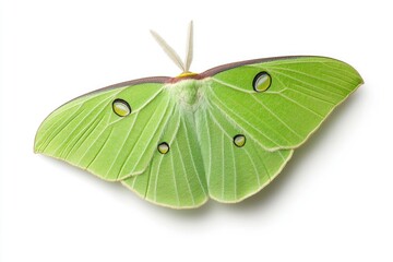 Large green moth with unique eyespot patterns resting on white background