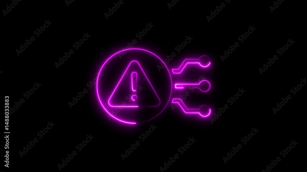 Poster glowing neon alert icon animated on black background representing data security threats