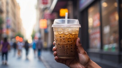 : Model's hand holding iced coffee cup, condensation vivid, city street background artistically blurred