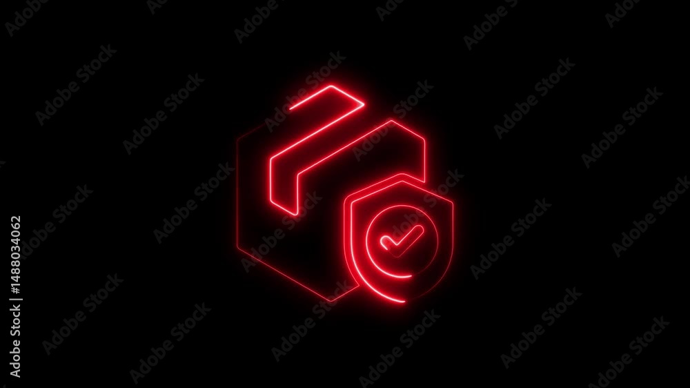 Poster glowing neon security icon with checkmark on black background animation
