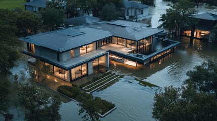 A Modern Luxury Residence Enveloped by Floodwaters After an Environmental Catastrophe
