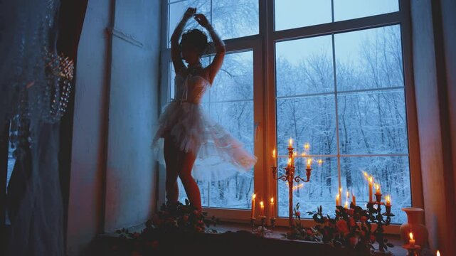 sexy girl princess dancing on windowsill window back rear view. victorian lady beauty lace dress, Happy Fantasy woman queen elf vintage white dress, dark room old style. winter tree candles burning 4k